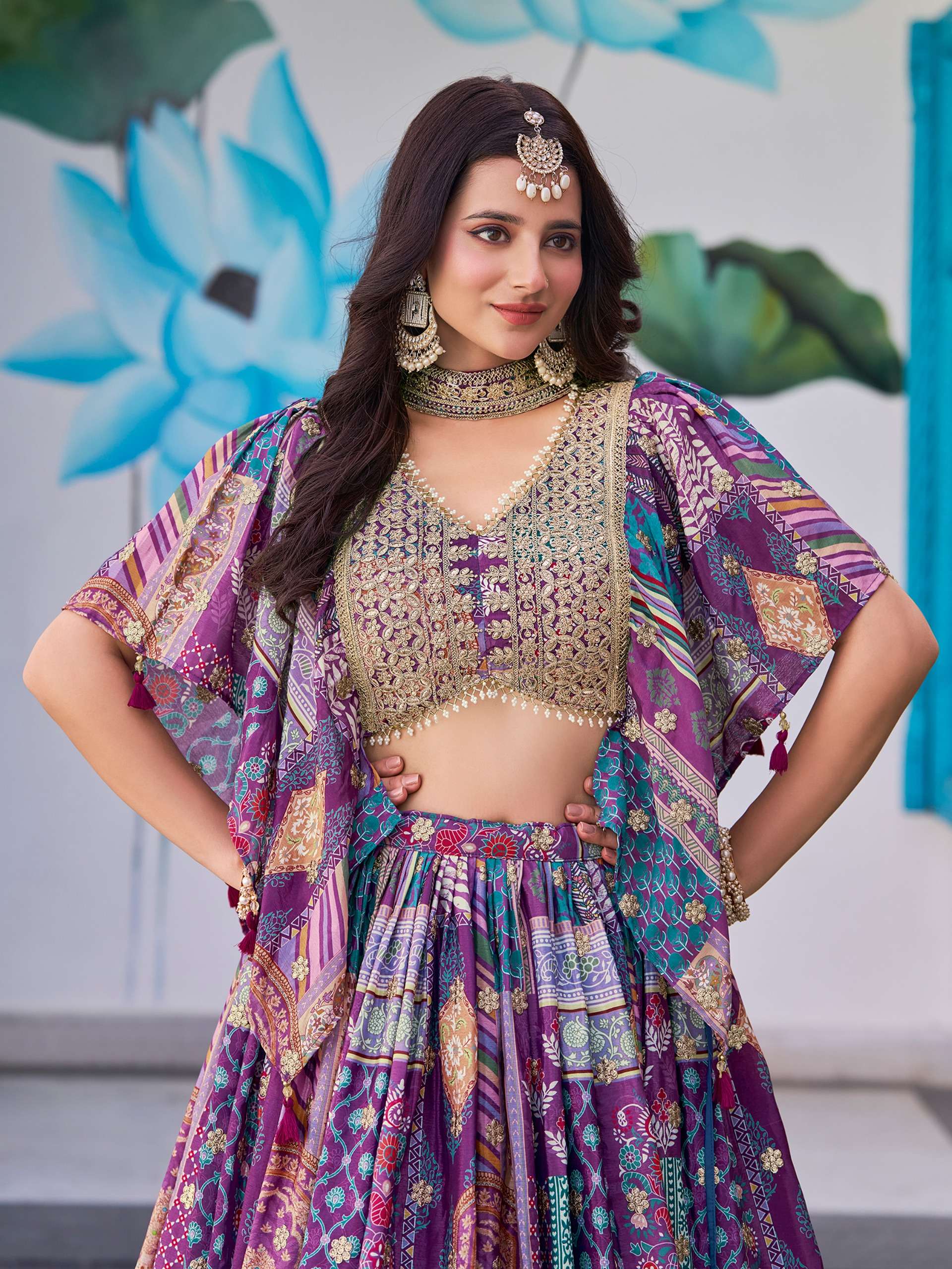  Purple Multicolor flower Printed Lehenga Choli in Chinnon Silk fabric supplier in surat 7050 Purple 